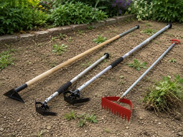 立ったまま草取りするなら、三角ホーや柄の長い道具のイメージ画像
